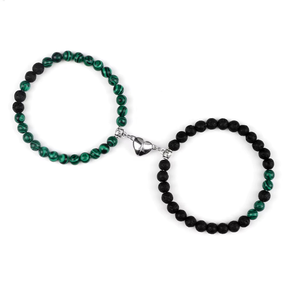2Pcs/Set Couple Magnet Heart Shape Pendant Bracelets 6MM Malachite Tiger Eye Bangles Love Relationship Pulsera Jewelry Gift New