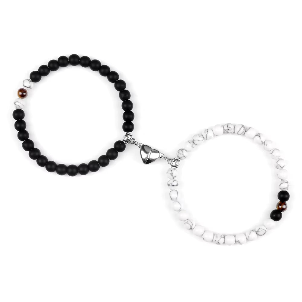 2Pcs/Set Couple Magnet Heart Shape Pendant Bracelets 6MM Malachite Tiger Eye Bangles Love Relationship Pulsera Jewelry Gift New